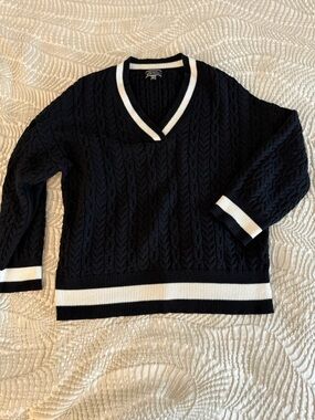 Blue Blush Black Cable-Knit V-Neck Sweater with White Trim